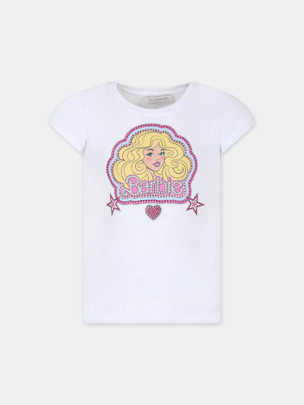 T-shirt bianca per bambina con stampa Barbie e strass